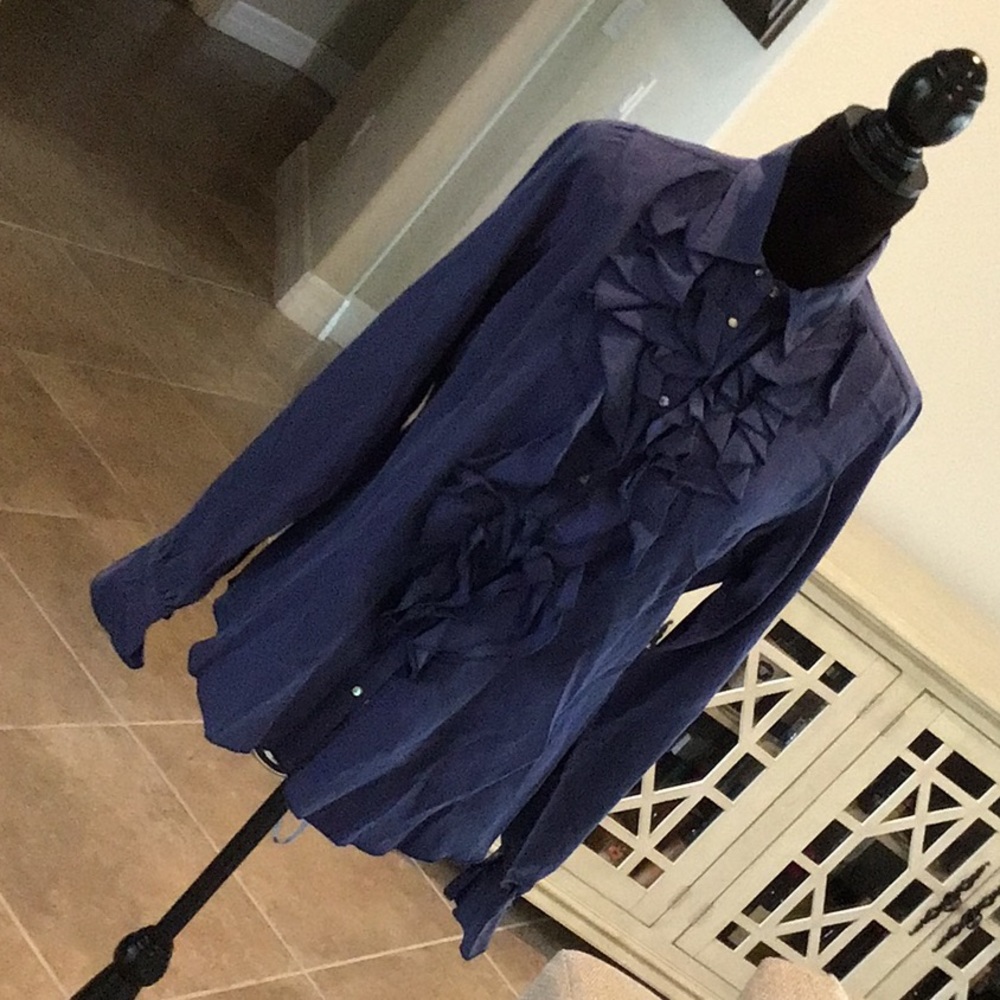 Ryan Michael snap front ruffle top, blue, size L, NWT